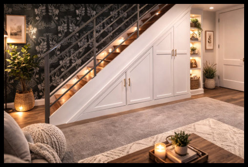 White mission-style under-stair cabinetry and lit bookcase, featuring integrated staircase lighting, candles, and decorative pottery.