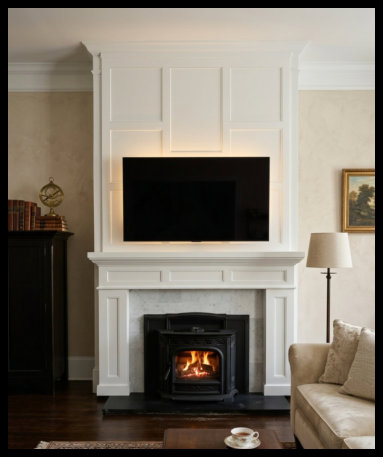 12ft tall white fireplace surround; Mission style pilasters, custom mantel, and staggered wall paneling with TV.