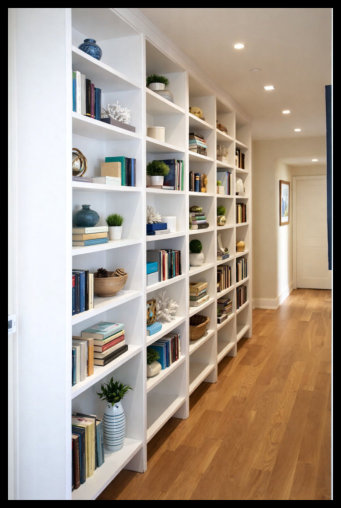 Shallow custom white Maple floor-to-ceiling 5-tier bookcase designed for a 4ft wide hallway.