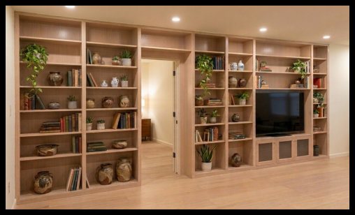 Custom built-in bookcases and entertainment center featuring 2-inch vertical dividers, stained in ZAR Beach House, scribed for a level fit in a finished basement.